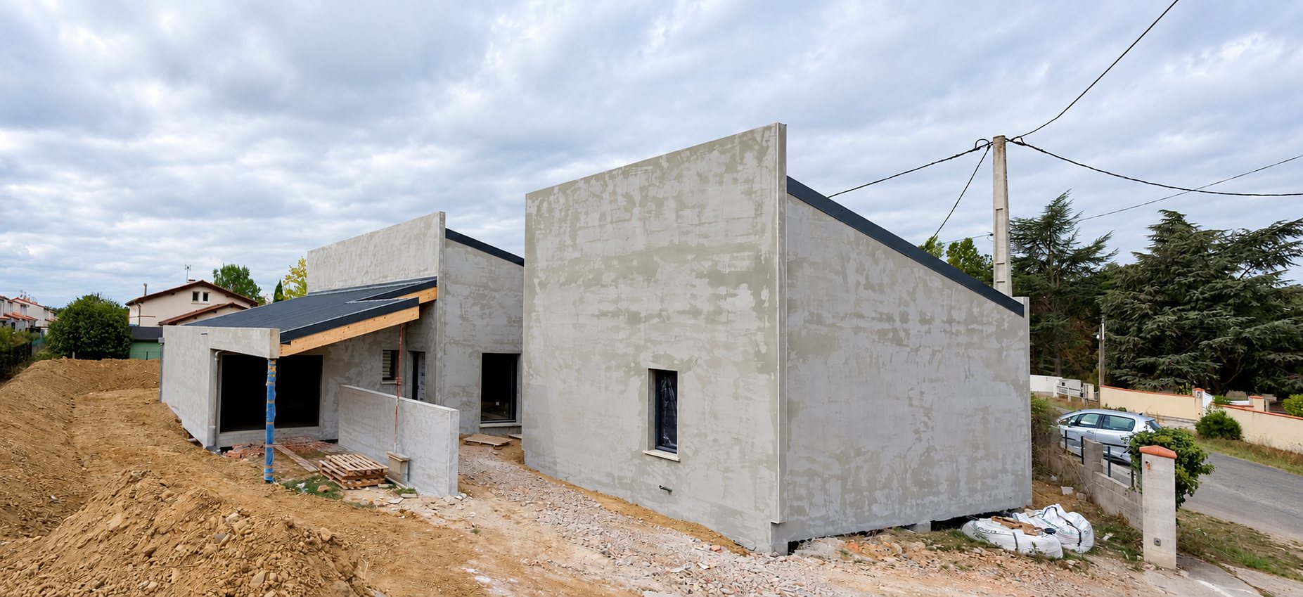 Chantier d’une maison moderne aux murs de béton gris et aux toits en pente sombres, entourée de terre remuée et de gravier.